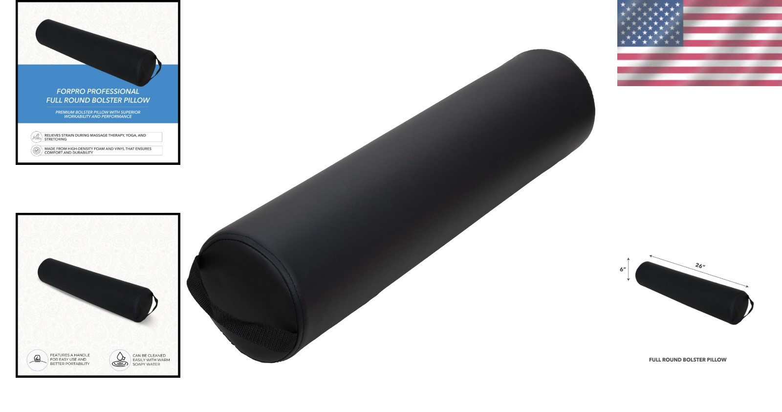 Ergonomic Black Bolster Pillow – 6&Prime; x 26&Prime; for Yoga, Massage & Relaxation