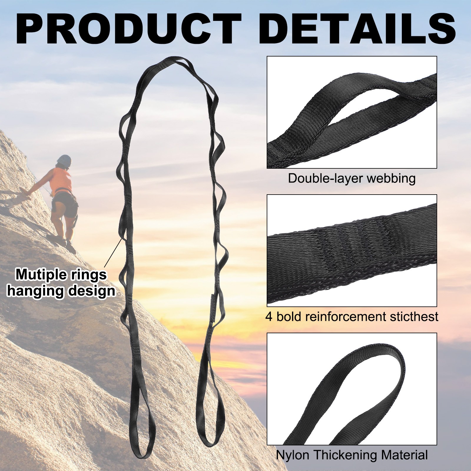 25KN Daisy Chain Yoga Extend Belt 1.8M, 2Pcs Climbing Straps for Exercise, Black