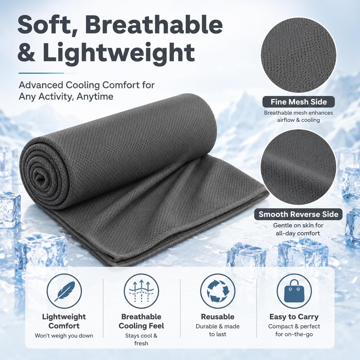 Cooling Towel 43.3&Prime; x 15.7&Prime; – Ice Sweat for Neck 43.3&Prime;X15.7&Prime;, Dark-gray