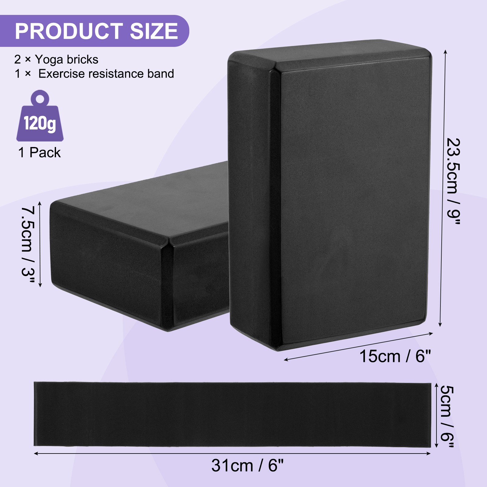 2Pcs Yoga Blocks and 1Pcs Black Resistance Band Set EVA Black Yoga Blocks