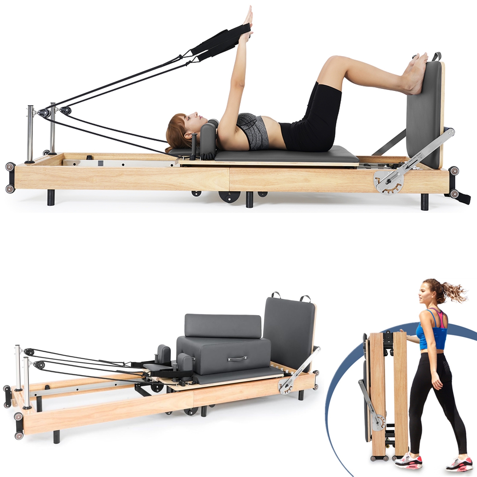 H&ZT Foldable Pilates Reformer Machine With Reformer Box Jump Board Foot Strap