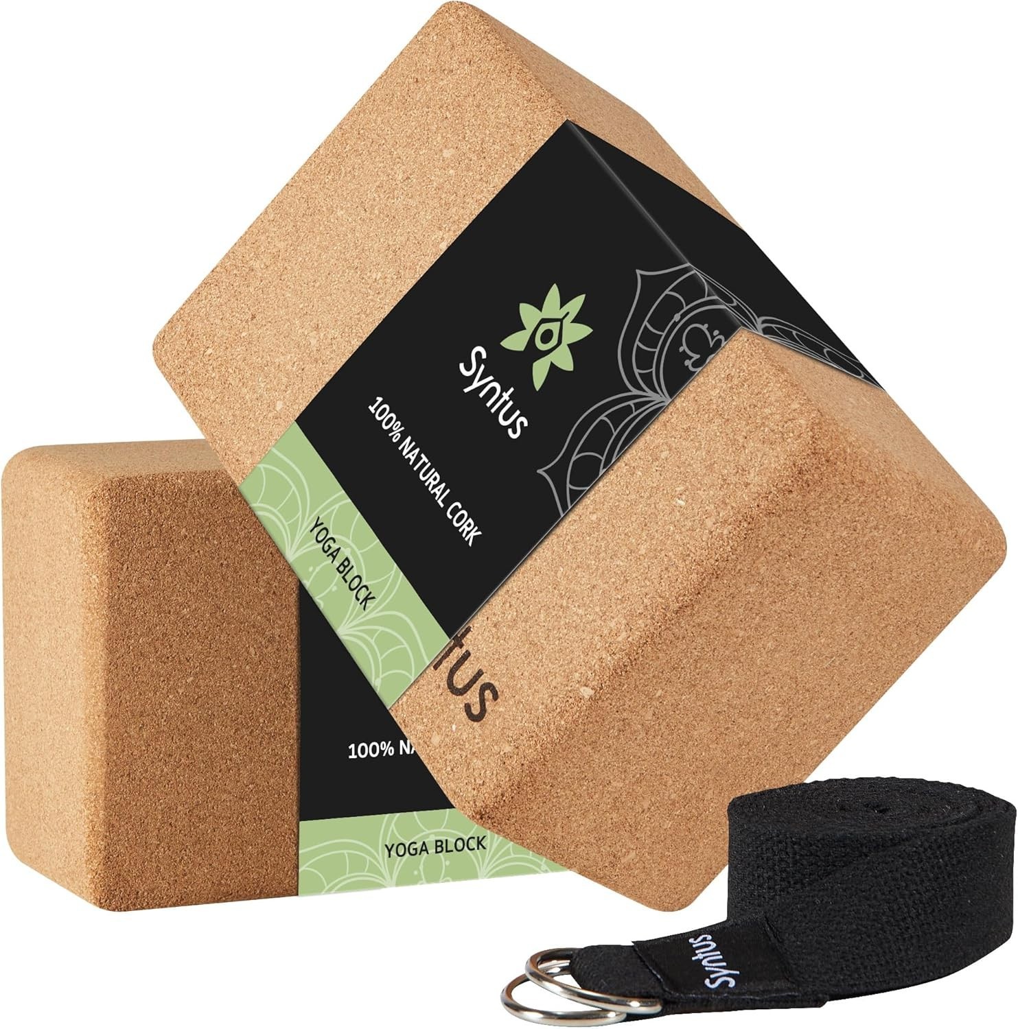 Yoga Block and Strap Set: 2 Non-Slip Cork Blocks & 8FT D-Ring Strap for Stabi…