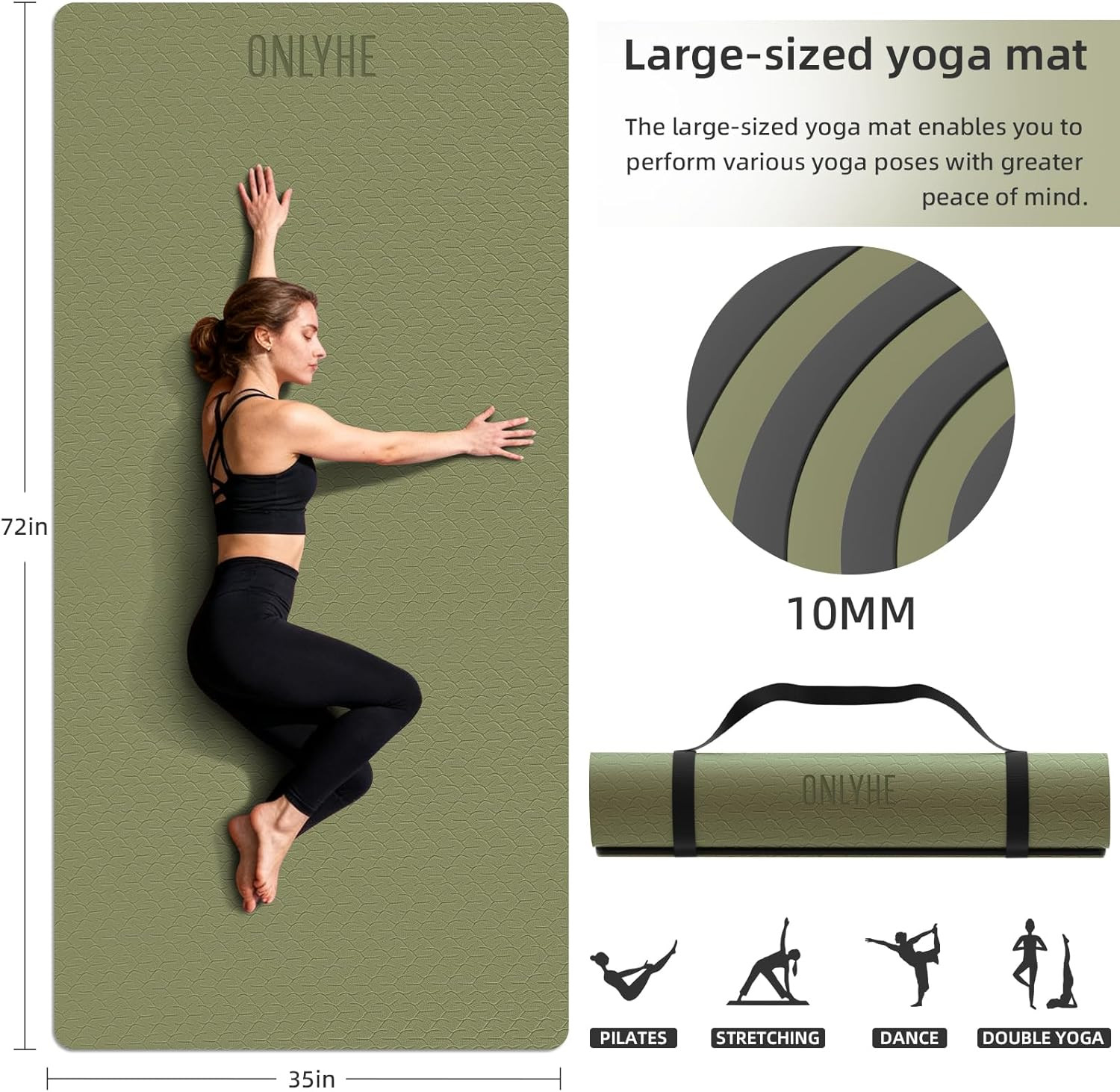 Yoga Mat Thick(10Mm) Exercise Mat Non Slip Anti-Tear,72&Prime;X35&Prime; Extra Large Pilates