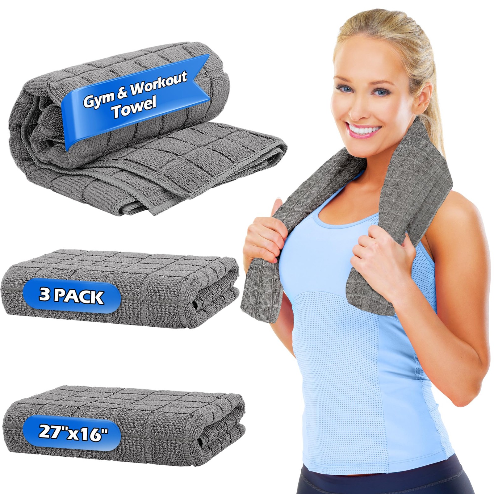 HOMERHYME Microfiber Gym Towels, 3 Pack Sweat 16 x 27&Prime;L x 16&Prime;W, Grey