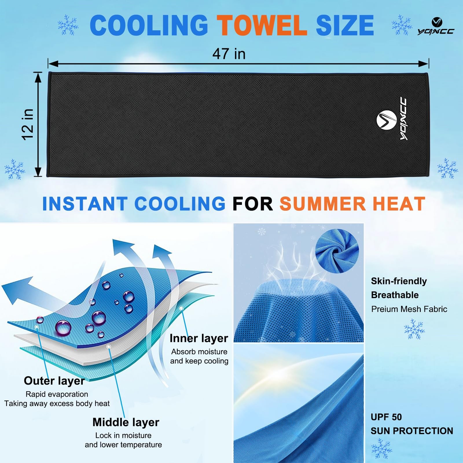 YQXCC 4 Pack Cooling Towels (47&Prime;x12&Prime;), Ice 47&Prime;x12&Prime;, Dark Gray*2/Light Gray*2