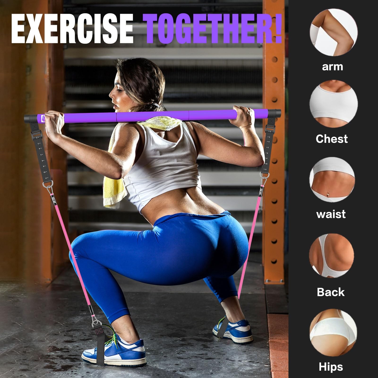 Pilates Bar Kit w/ 3-Section Pole, Stackable Resistance Bands – Full Body Workou