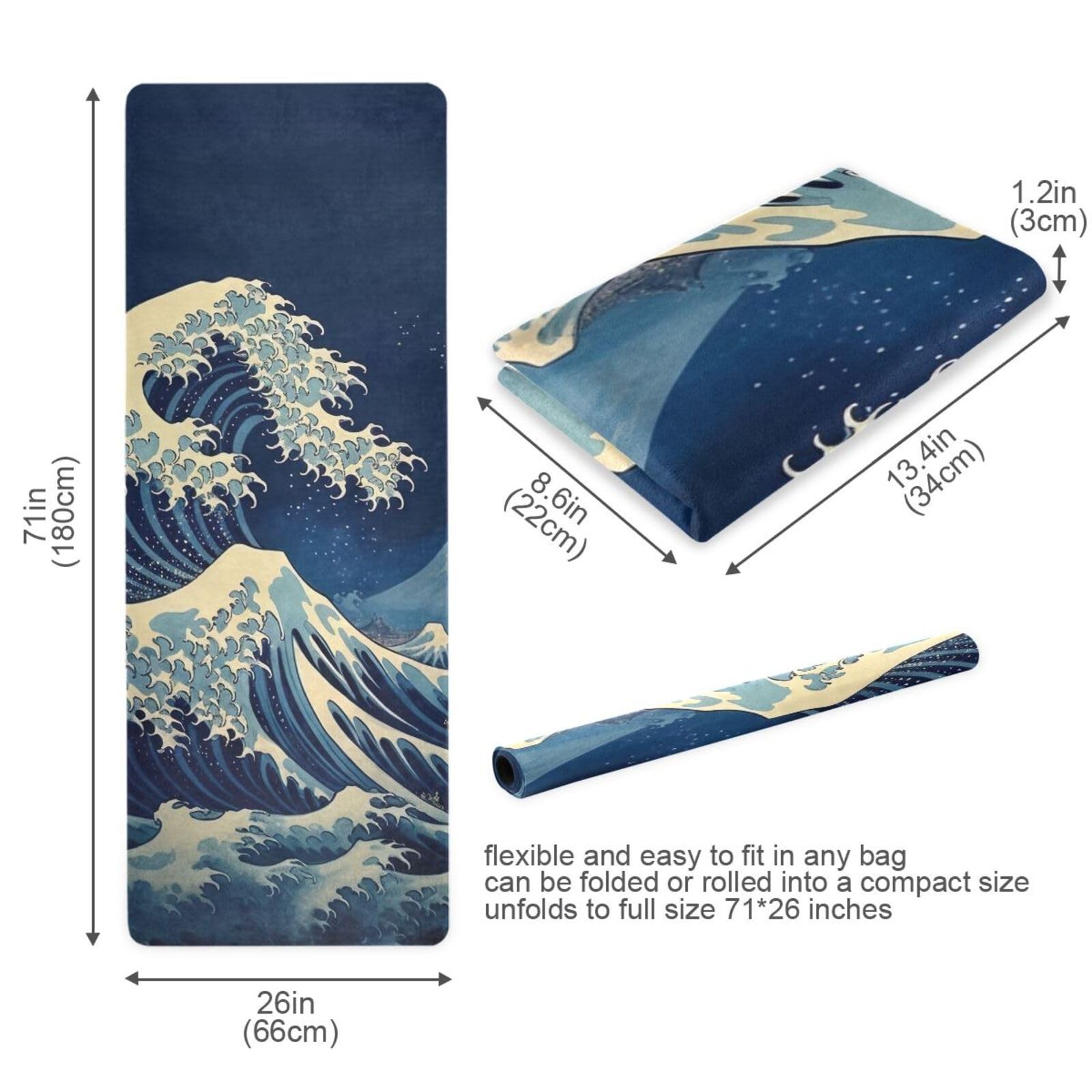 Japanese Waves Yoga Mat for Women Men 71&Prime; x 26&Prime; Non Slip Exercise & Fitness M…