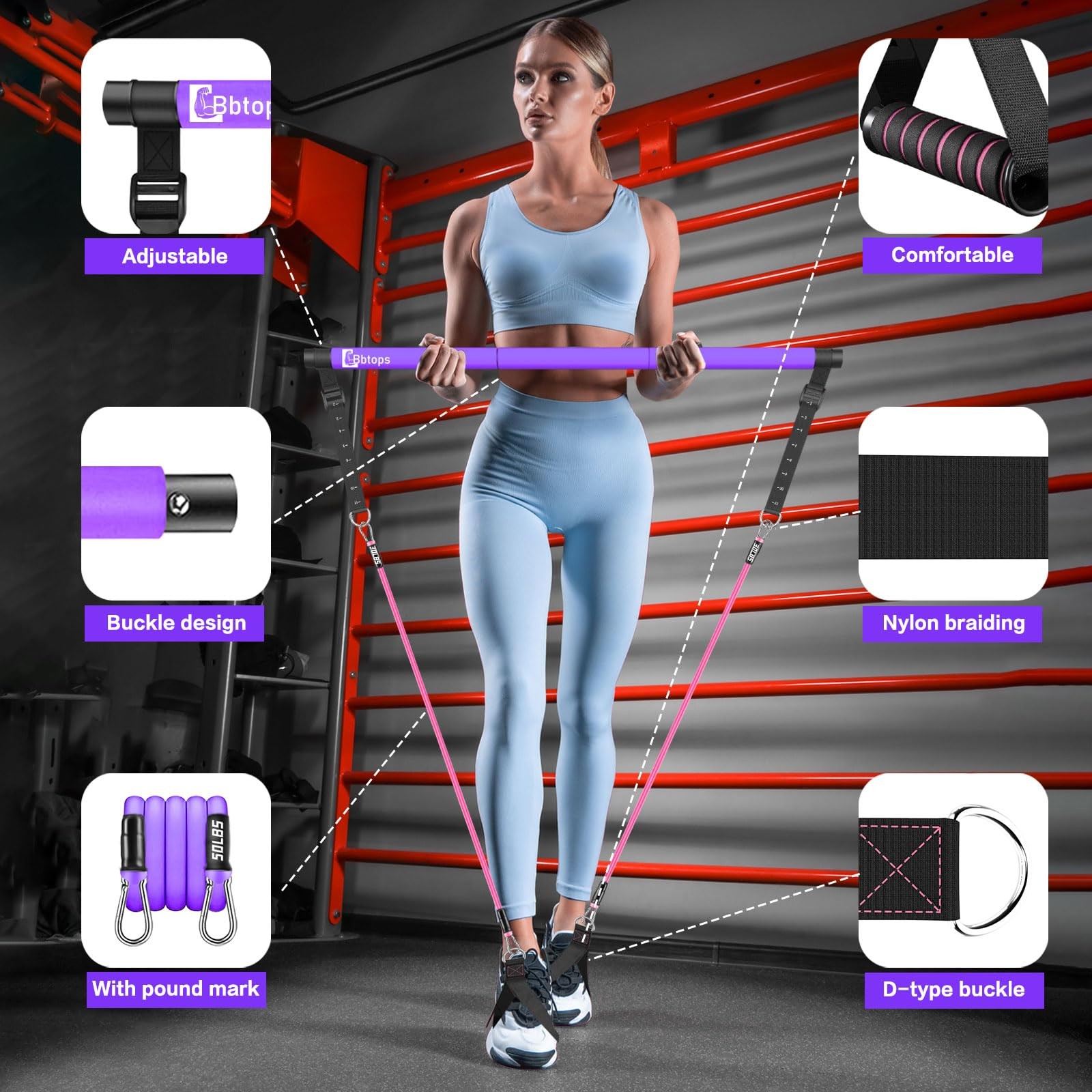 Pilates Bar Kit w/ 3-Section Pole, Stackable Resistance Bands – Full Body Workou