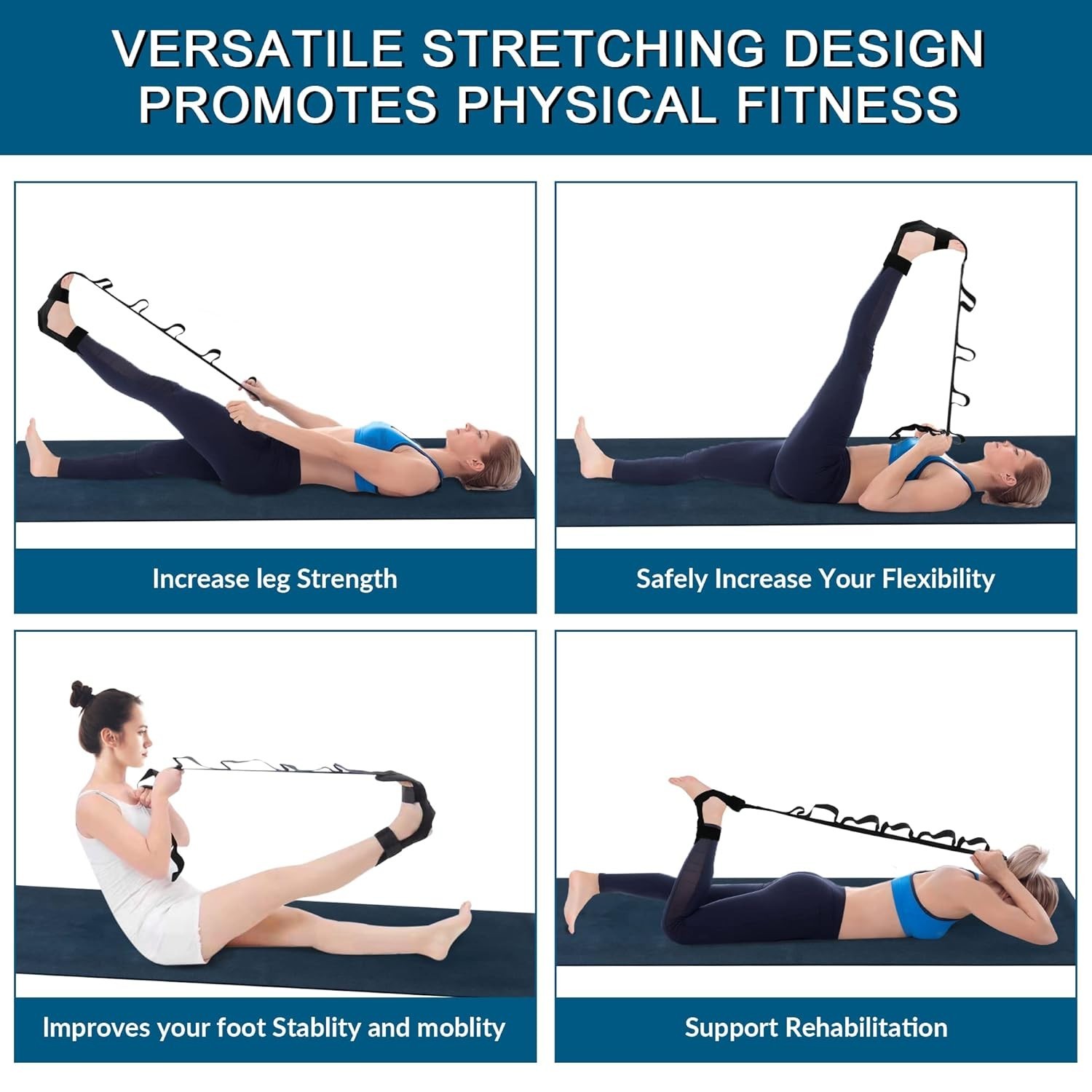 Black Foot & Leg Stretch Strap with 7 Hand Loops for Pain Relief & Flexibility