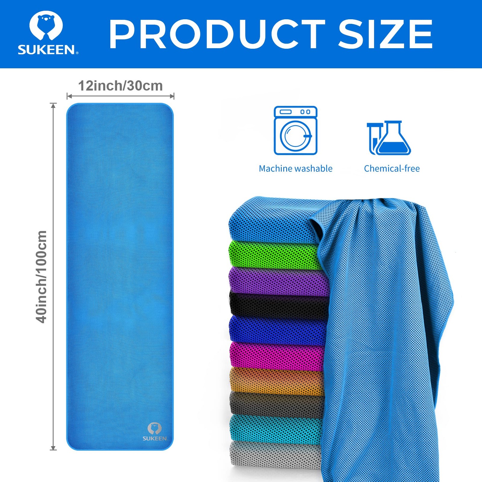 Sukeen Cooling Towel 40&Prime; x 12&Prime;, Blue/Purple/Dark Blue/Pink/Green/Grey