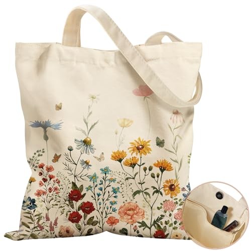 Aesthetic Tote Bag for Women- with Magnetic Buckle and Zipper Retro Flower