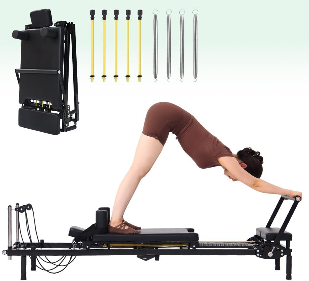 Foldable Pilates Reformer Machine, Dual Resistance with Springs and Cords, Pilat