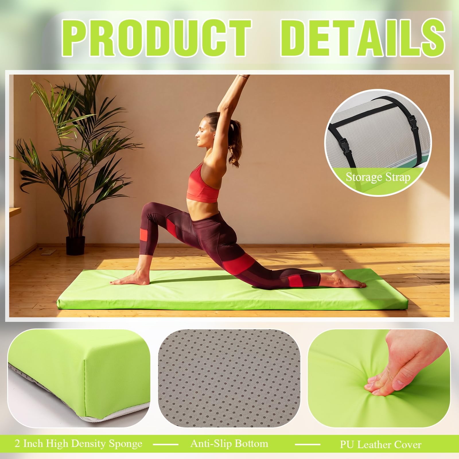 2 Inch 72&Prime;x24&Prime; Thick Foldable Yoga Mat with Carry Strap, Non-slip Portable Fo…