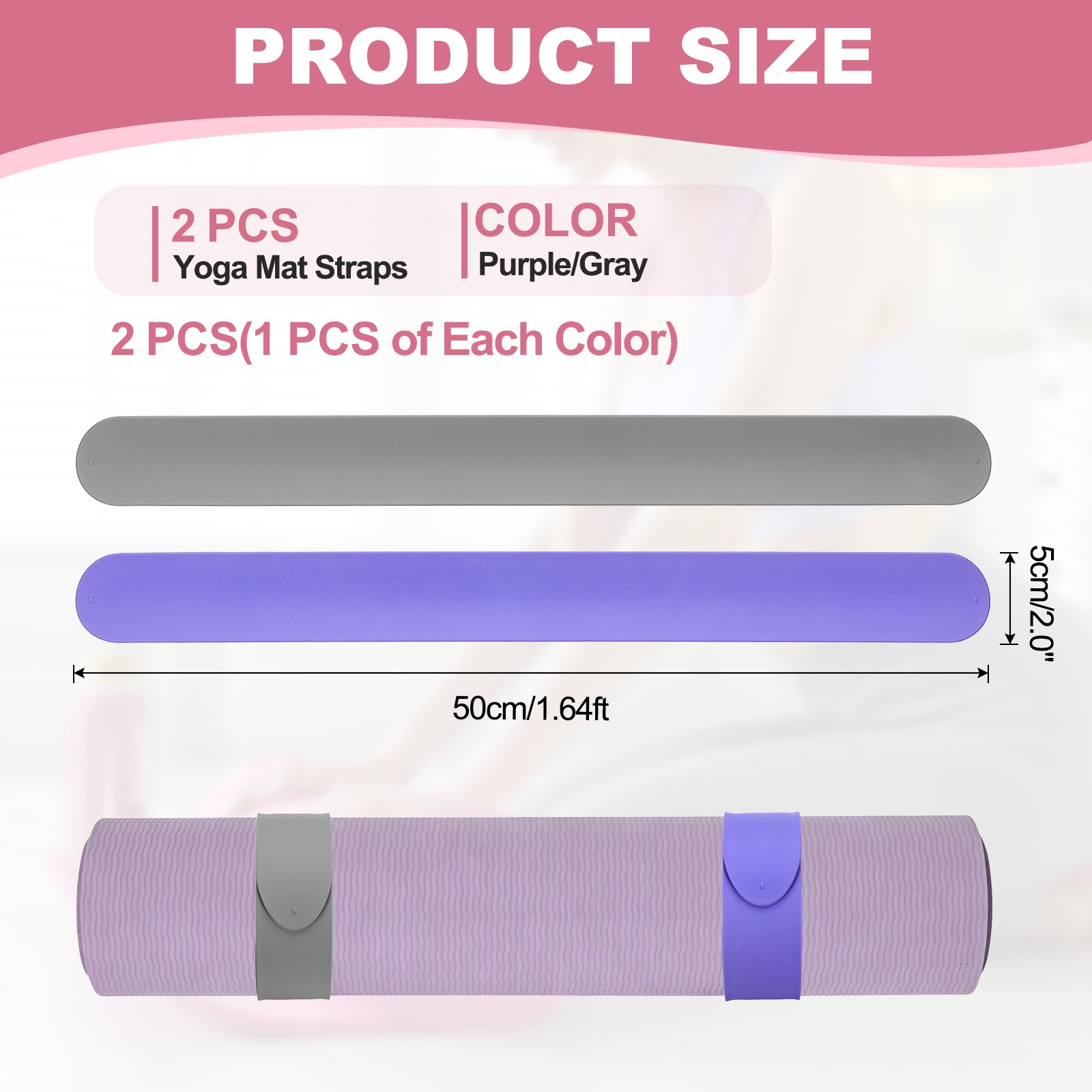 2Pcs Yoga Mat Strap Slap Band One Snap Yoga Mat Slap Band, Purple/Gray