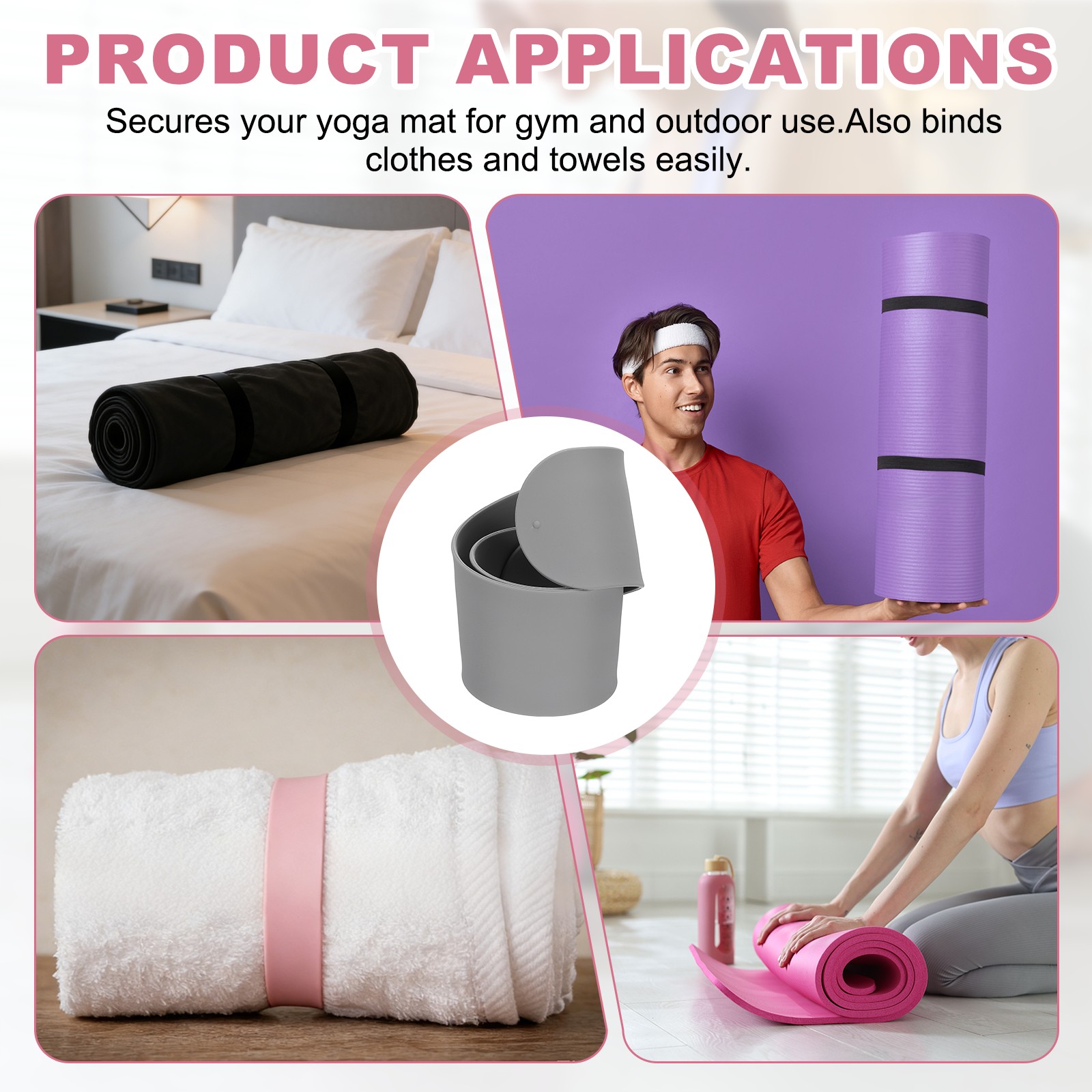 2Pcs Yoga Mat Strap Slap Band One Snap Yoga Mat Slap Band, Gray