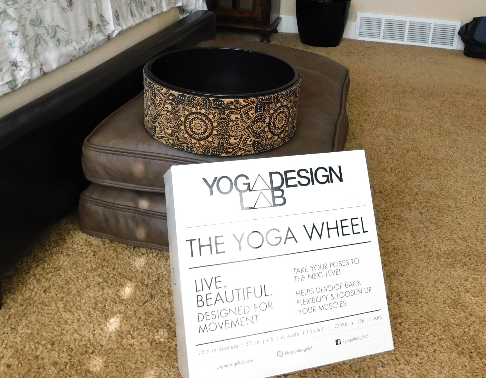 Cork Yoga Wheel by Yoga Design Lab (12.6 diameter), mandala black, New