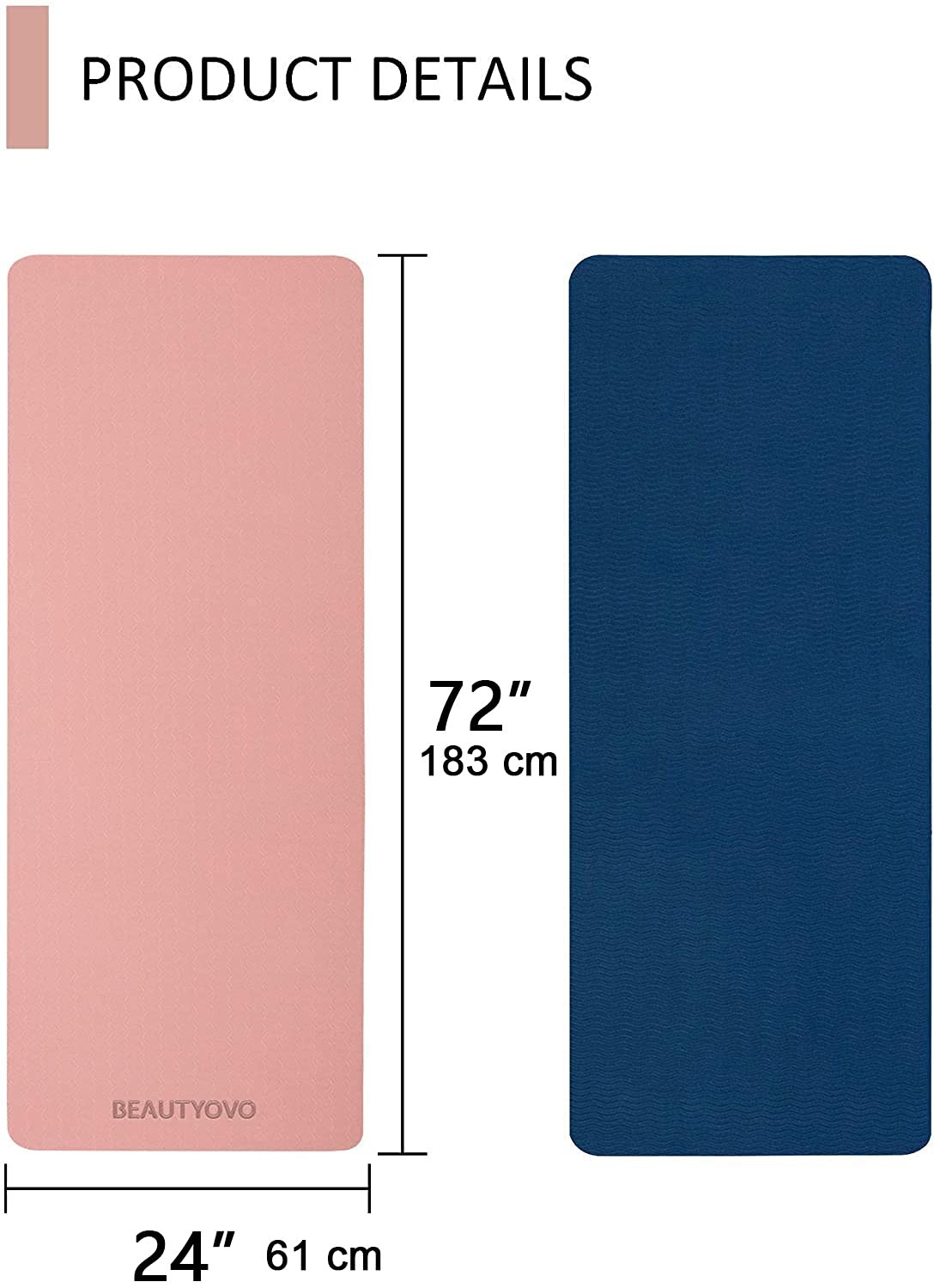 Yoga Mat with 72 » x 24 » x 1/3 » (Regular Version), Cherry Pink & Navy Blue
