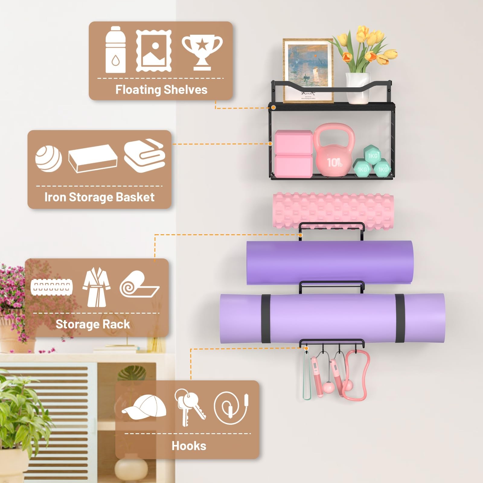 Yoga Mat Holder Black, Wall Mount Yoga Mat Storage Rack, Yoga Accessory Organ…