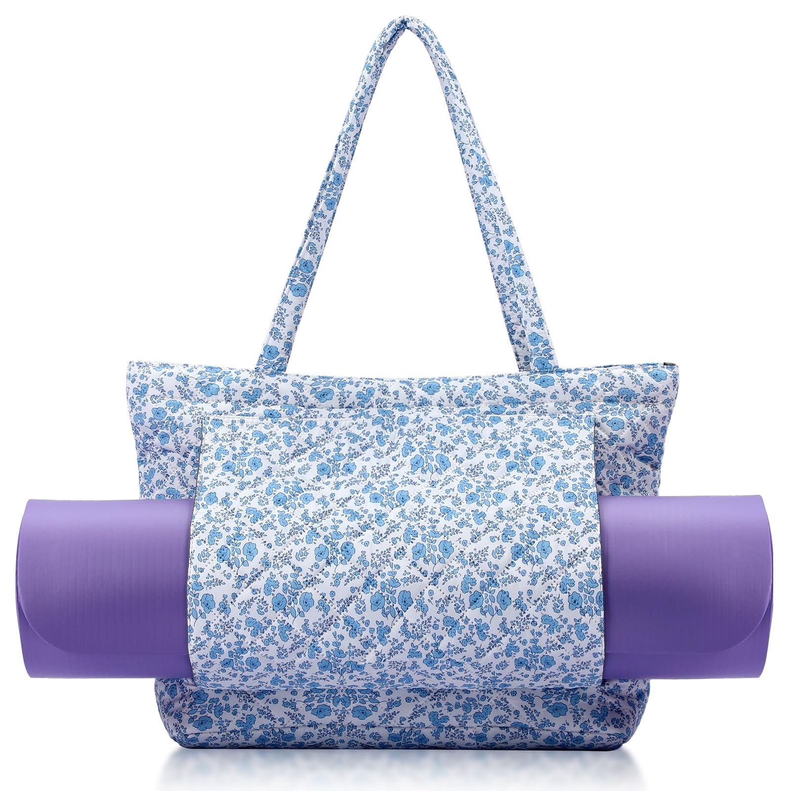 Blue Floral Quilted Cotton Yoga Bag Mat Pocket Tote Carrier Shoulder Strap