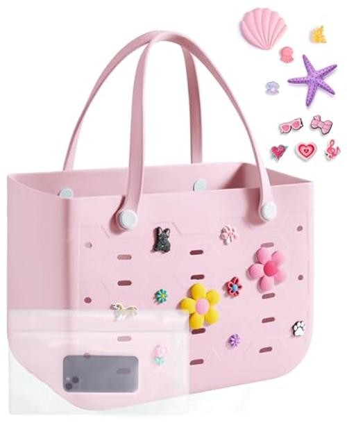 Beach Bag for Women, Water-resistant Rubber Tote Bag, Large A-baby Pink