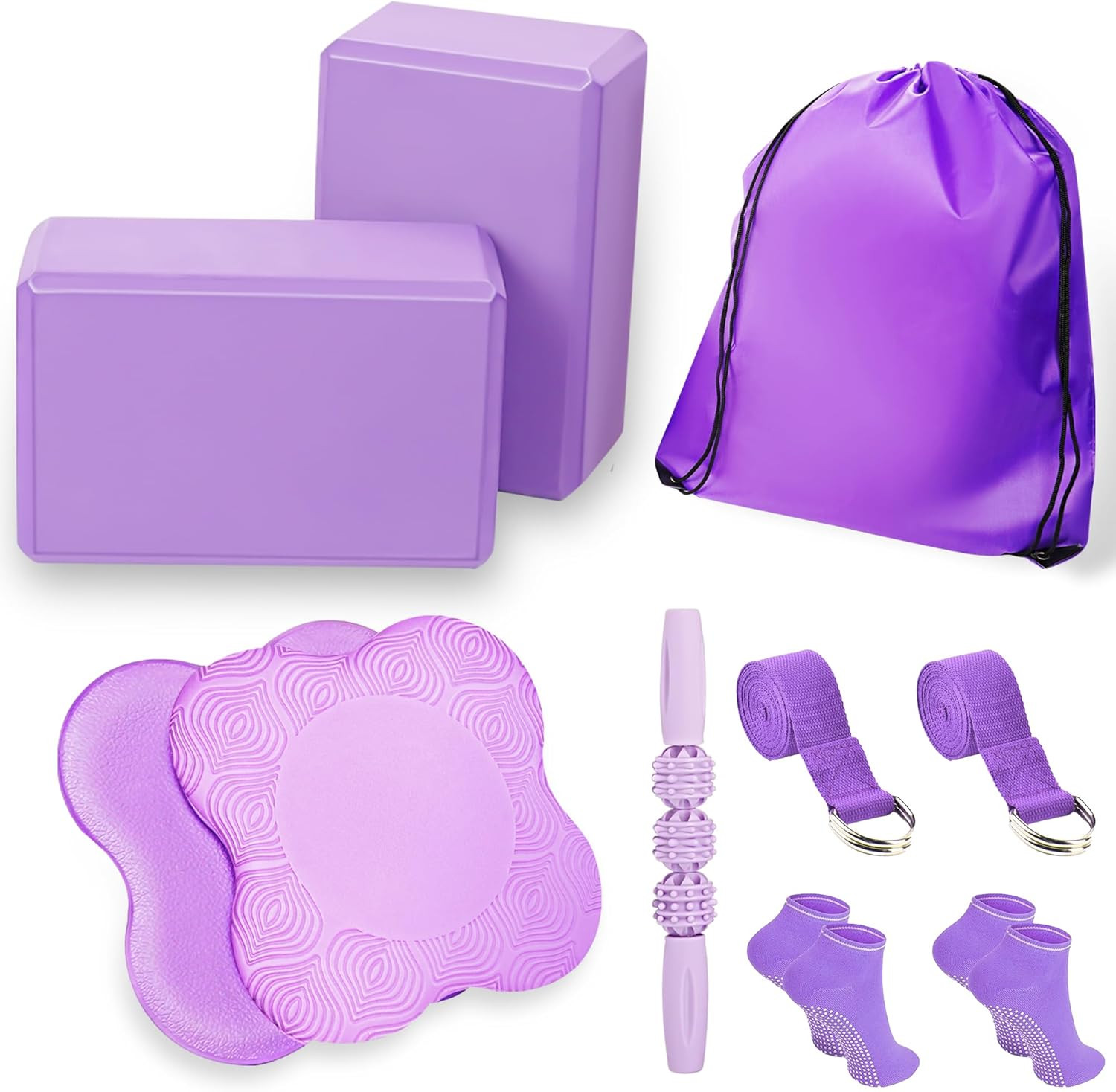 2 Yoga Blocks Supportive Accessories Including 2 Knee Pads, 2 with Strap to Put