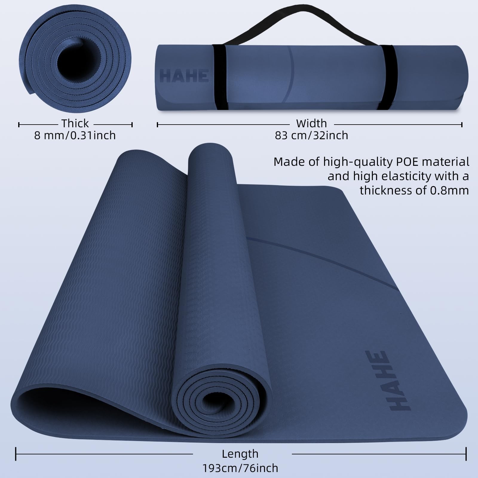 Large Yoga Mat Thick, 76&Prime;x32&Prime;x0.31&Prime;Wide POE 76&Prime; x 32&Prime; x 0.31&Prime;, Navy Blue
