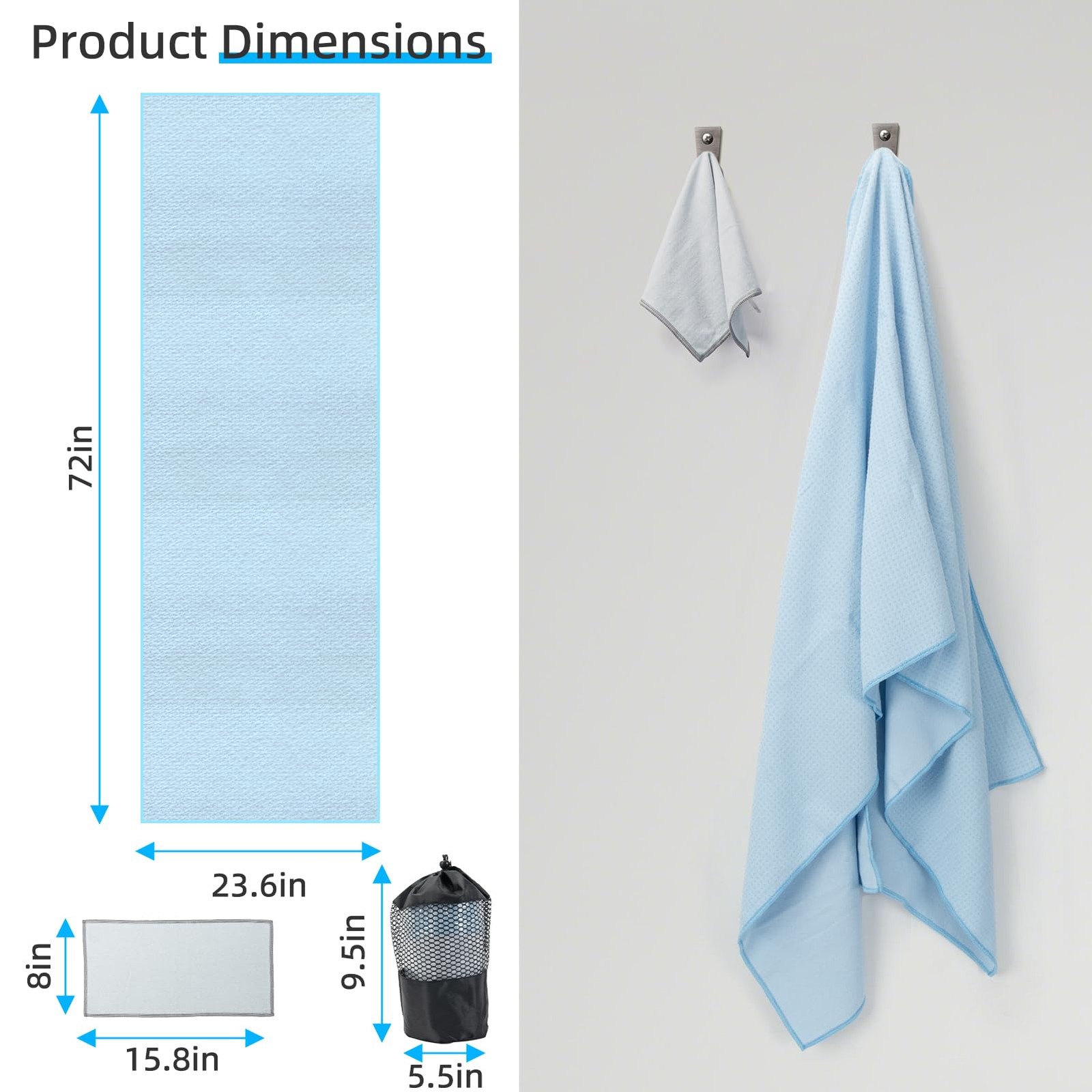 YESLIFE Non-Slip Extra Thick Hot Yoga Towel 72 inches x 24 inches, Light Blue
