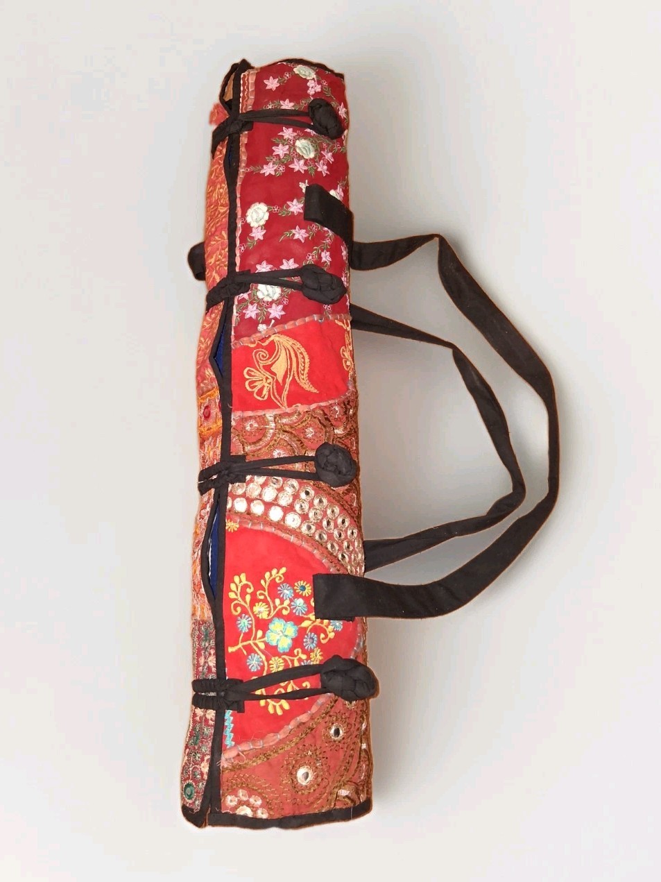 Handmade Indian Fabric Yoga Mat Shoulder Carry Bag w Cloth Knot Closures & Mat