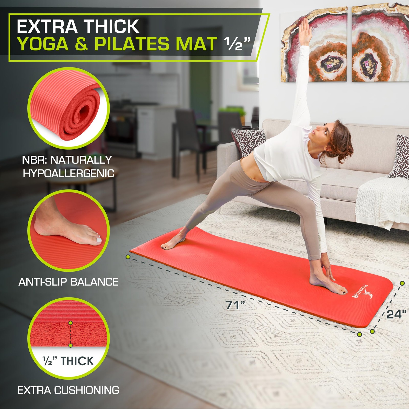 Extra Thick Yoga and Pilates Mat ½” (13mm), 71-inch Long High Density Exercis…