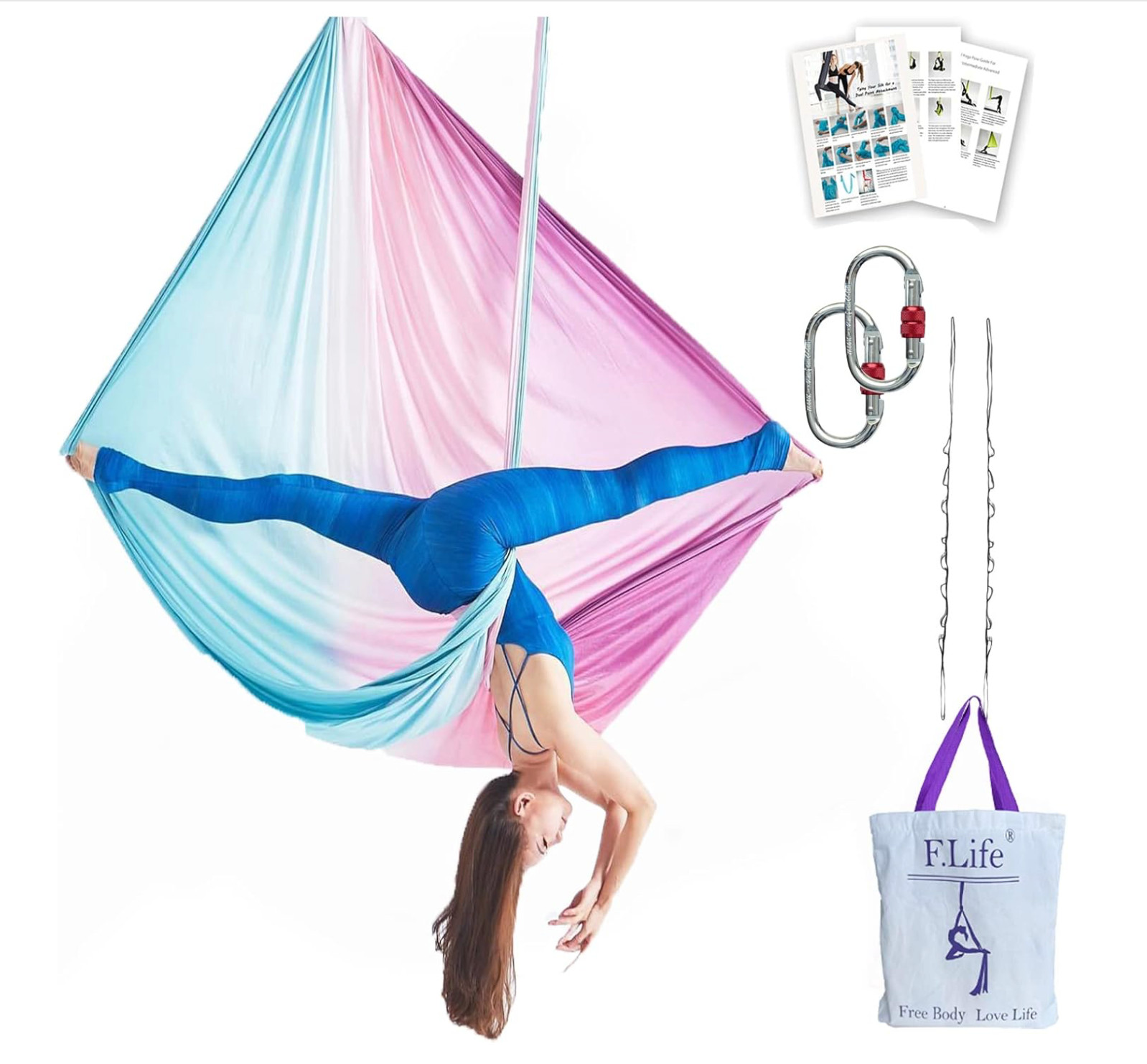 F.Life Aerial Yoga Hammock Kit 5.5 Yards Ombré Nylon Carabiners Daisy Chain Bag