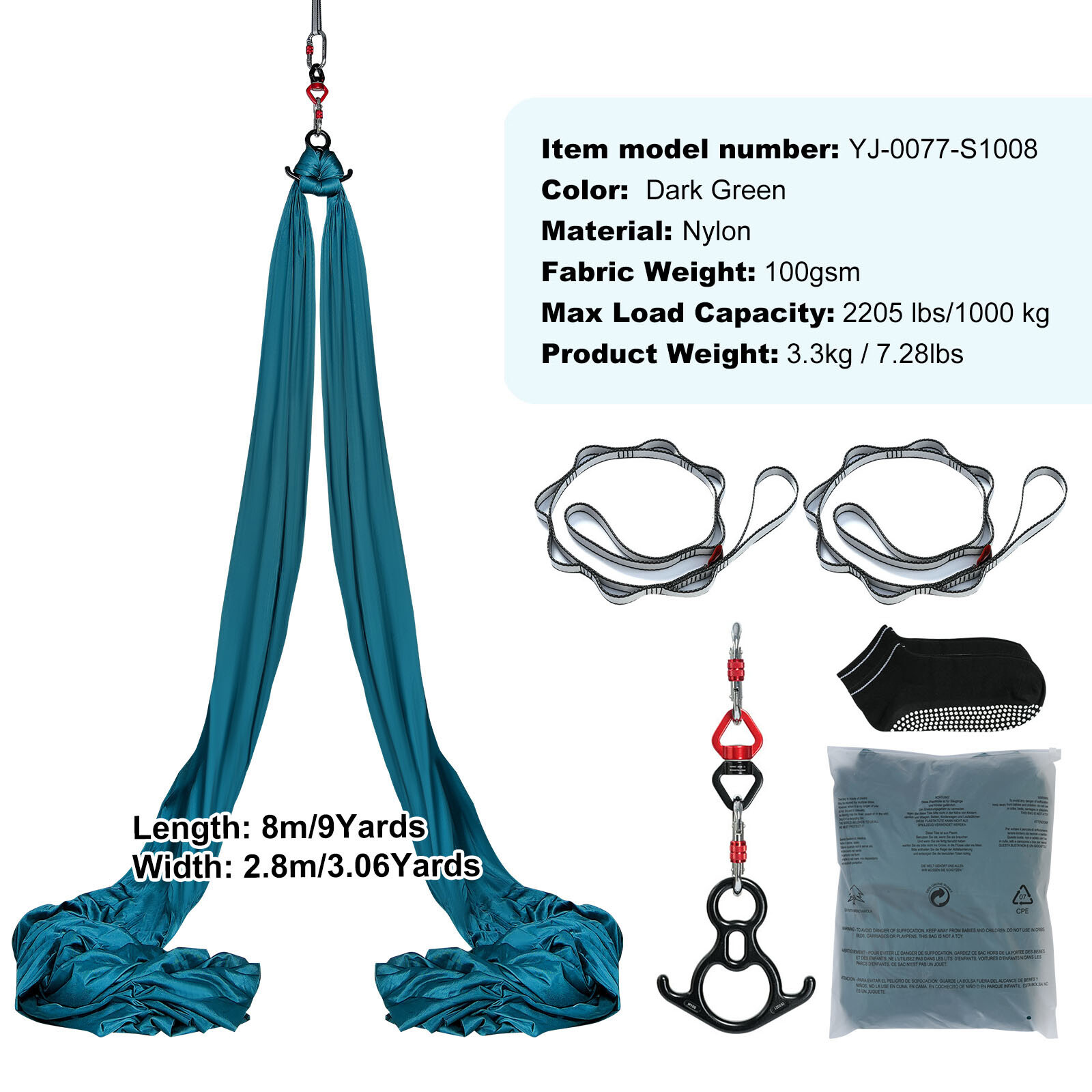 VEVOR Aerial Silk Yoga Swing Set 8.7 Yards Hammock Trapeze Inversion Fly Green