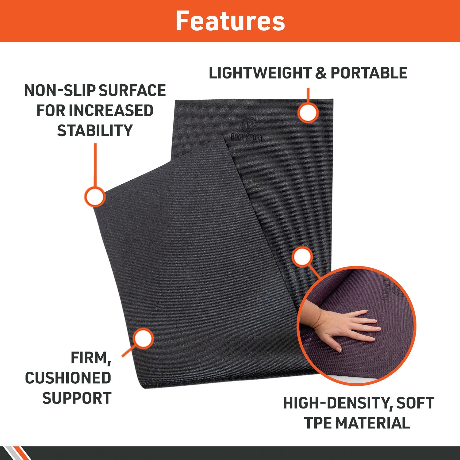 Body Sport 1/4&Prime; Yoga Mat, Black – High-Density, Non-Slip Surface with Shock