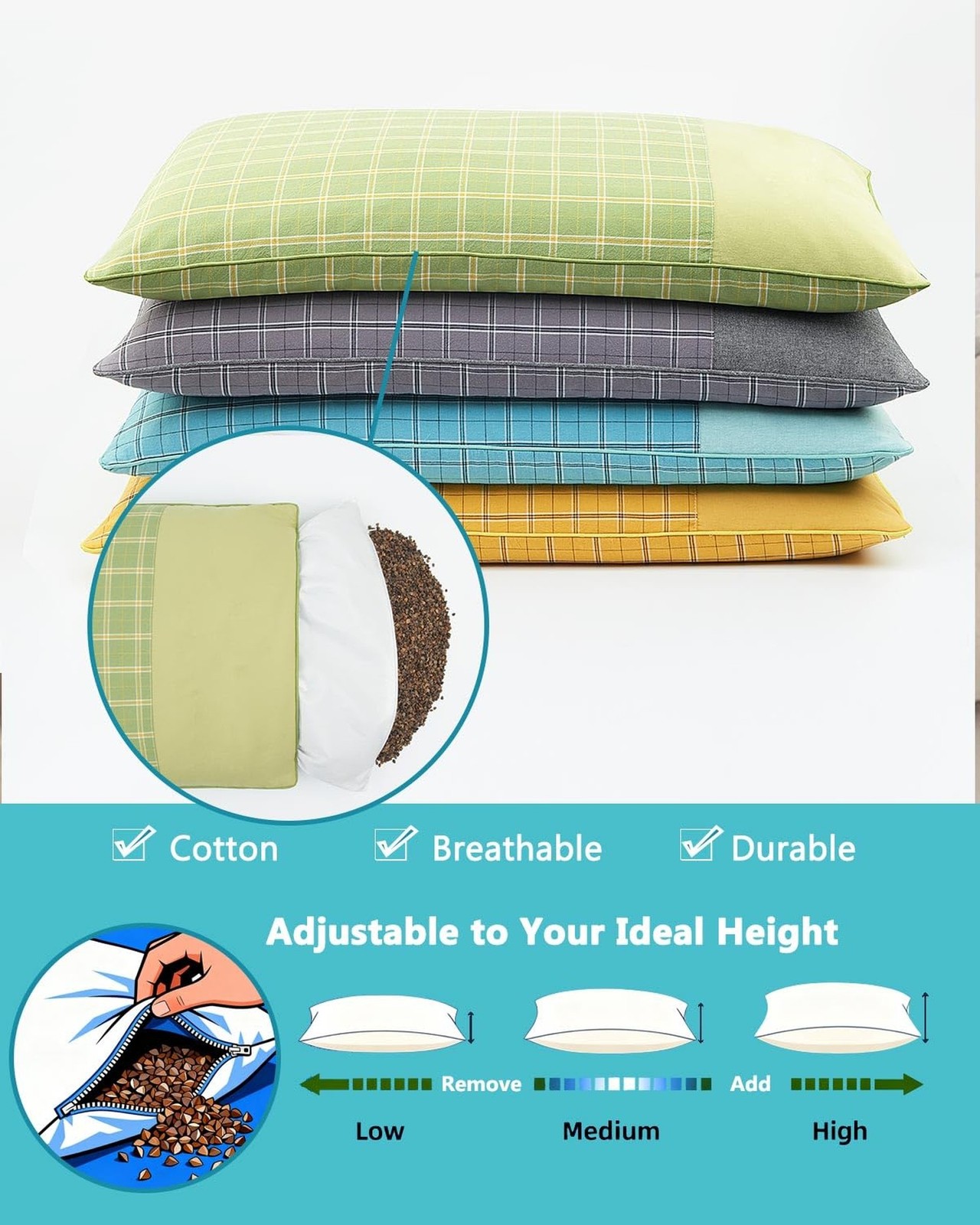 Breathable Cool Buckwheat Pillow,23.6&Prime;x13.7&Prime; Adjustable Fill and Firmness, Fi…