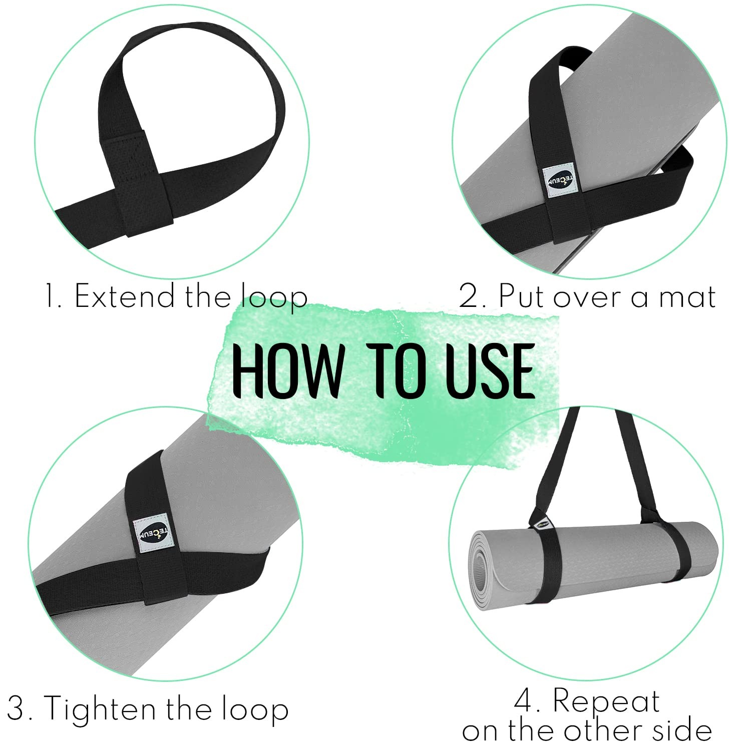 TECEUM Yoga Mat Strap – Black & 30+ Colors – Adjustable 64 IN,