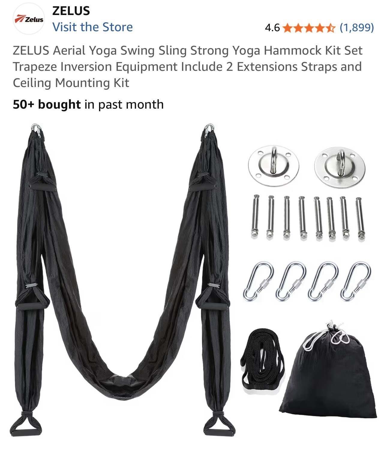 ZELUS Yoga Swing Black Retractable Buckles Kit w/ Straps, Hooks, Bag