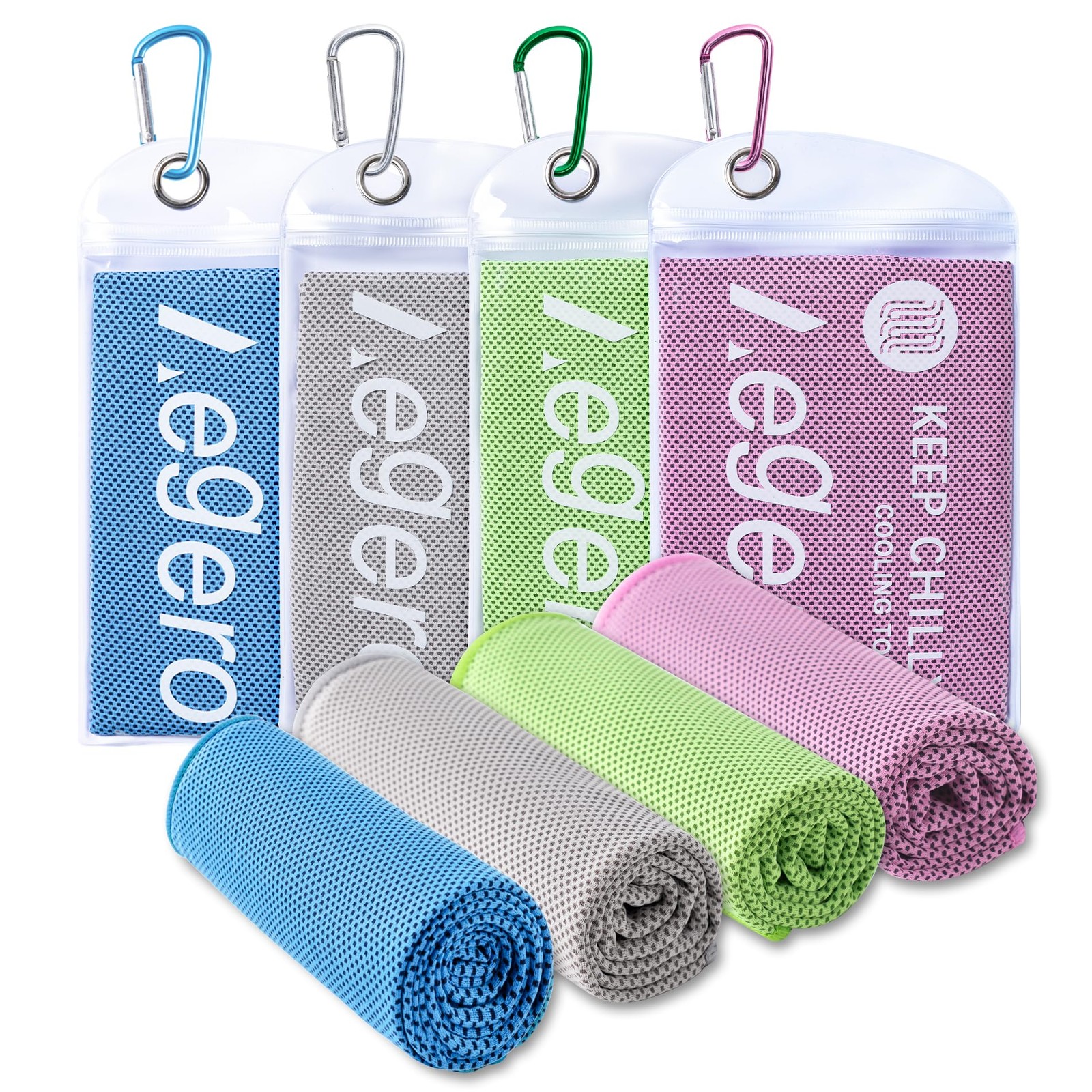 Aegero 4 Pack Cooling Towel (40&Prime;x12&Prime;), 40&Prime; x 12&Prime;, Light Blue/Green/Pink/Grey
