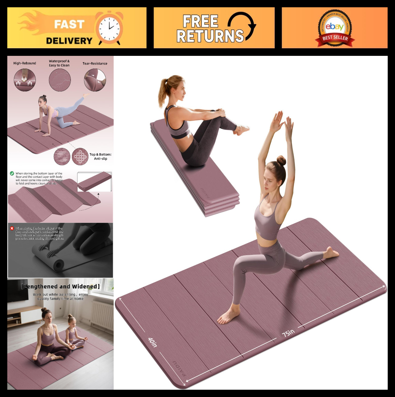 Foldable Thick Yoga Mat 10MM Non-Slip TPE, Extra Long 75×40, Easy Storage for Ho