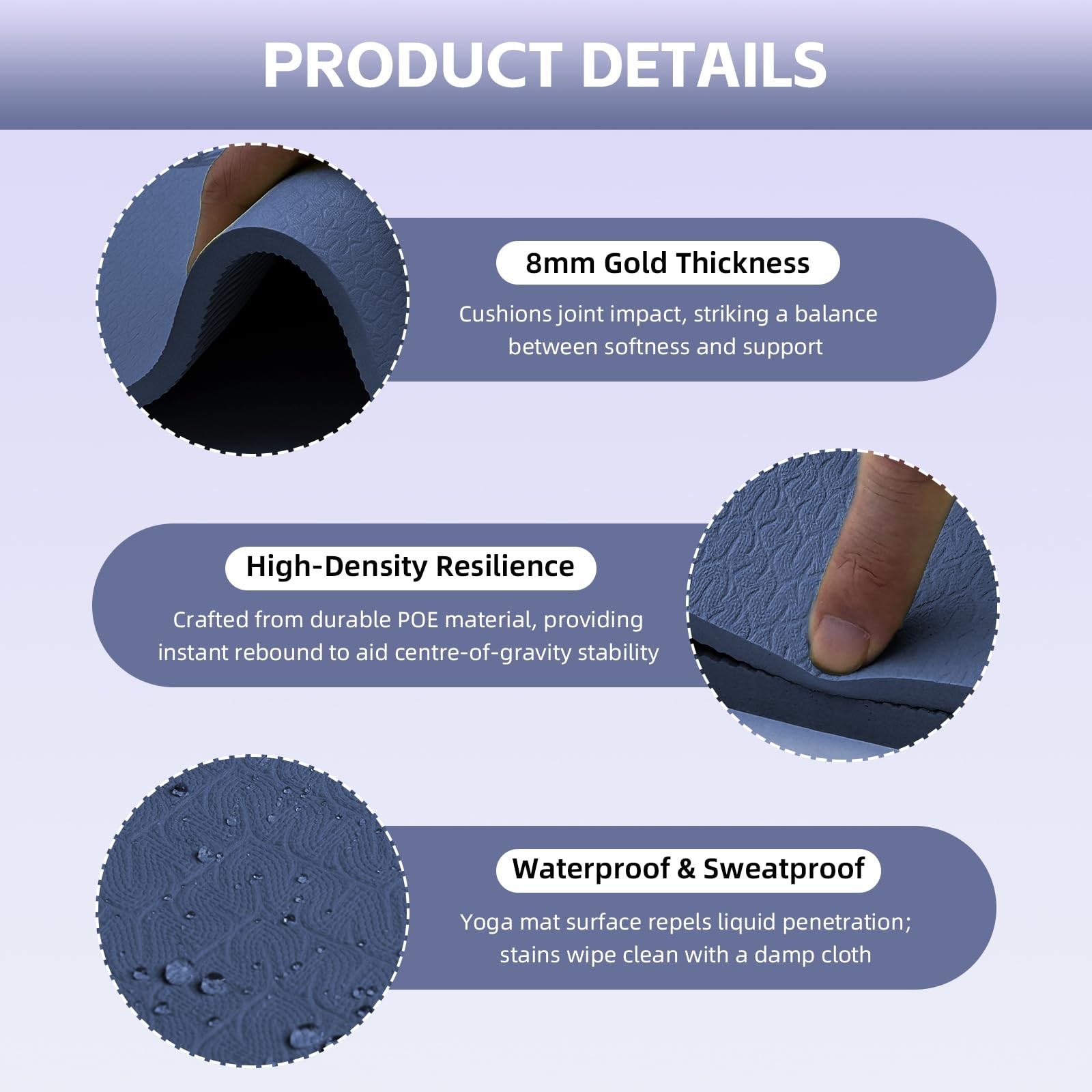 Large Yoga Mat Thick, 76&Prime;x32&Prime;x0.31&Prime;Wide POE 76&Prime; x 32&Prime; x 0.31&Prime;, Navy Blue