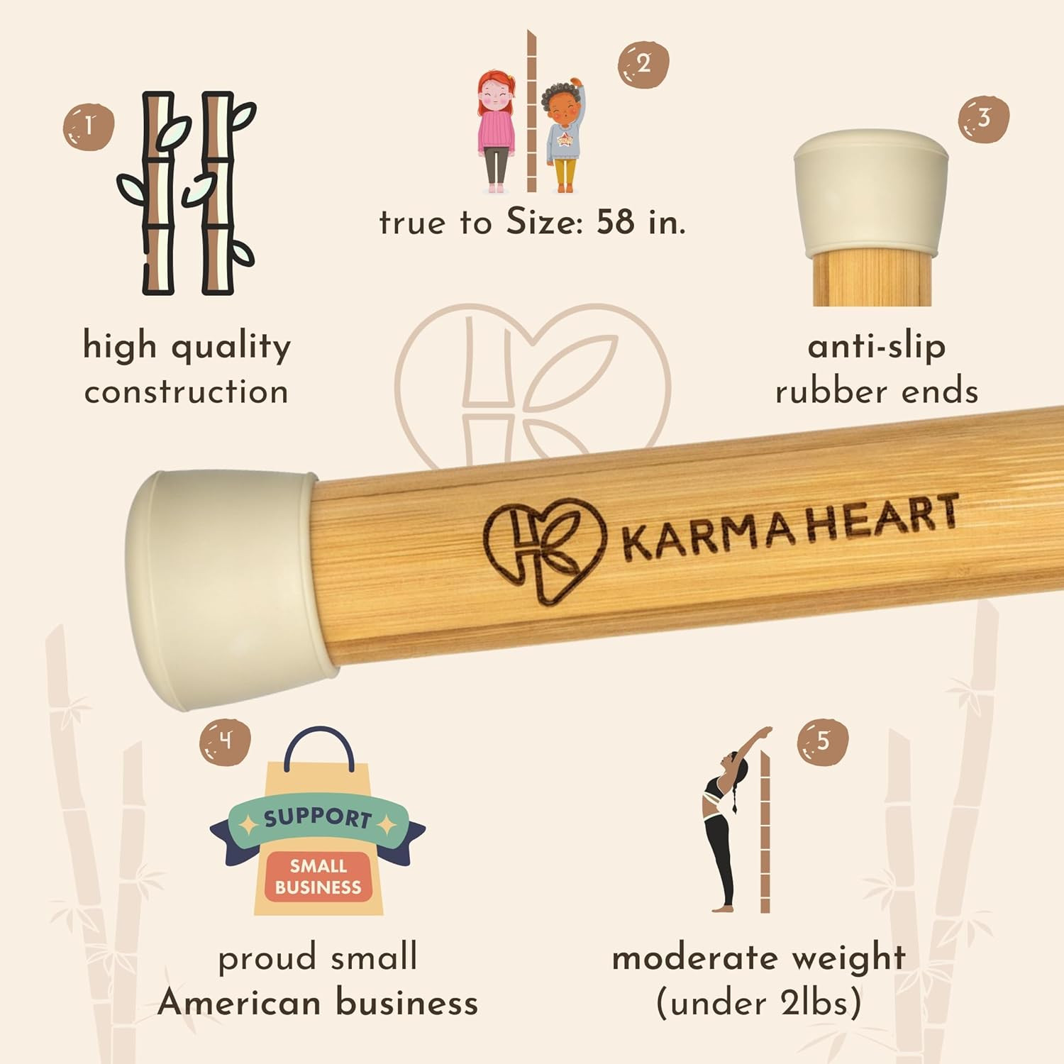 Natural Bamboo Yoga Stick (5Ft): Stretching Stick with White Sturdy Rubber Ends