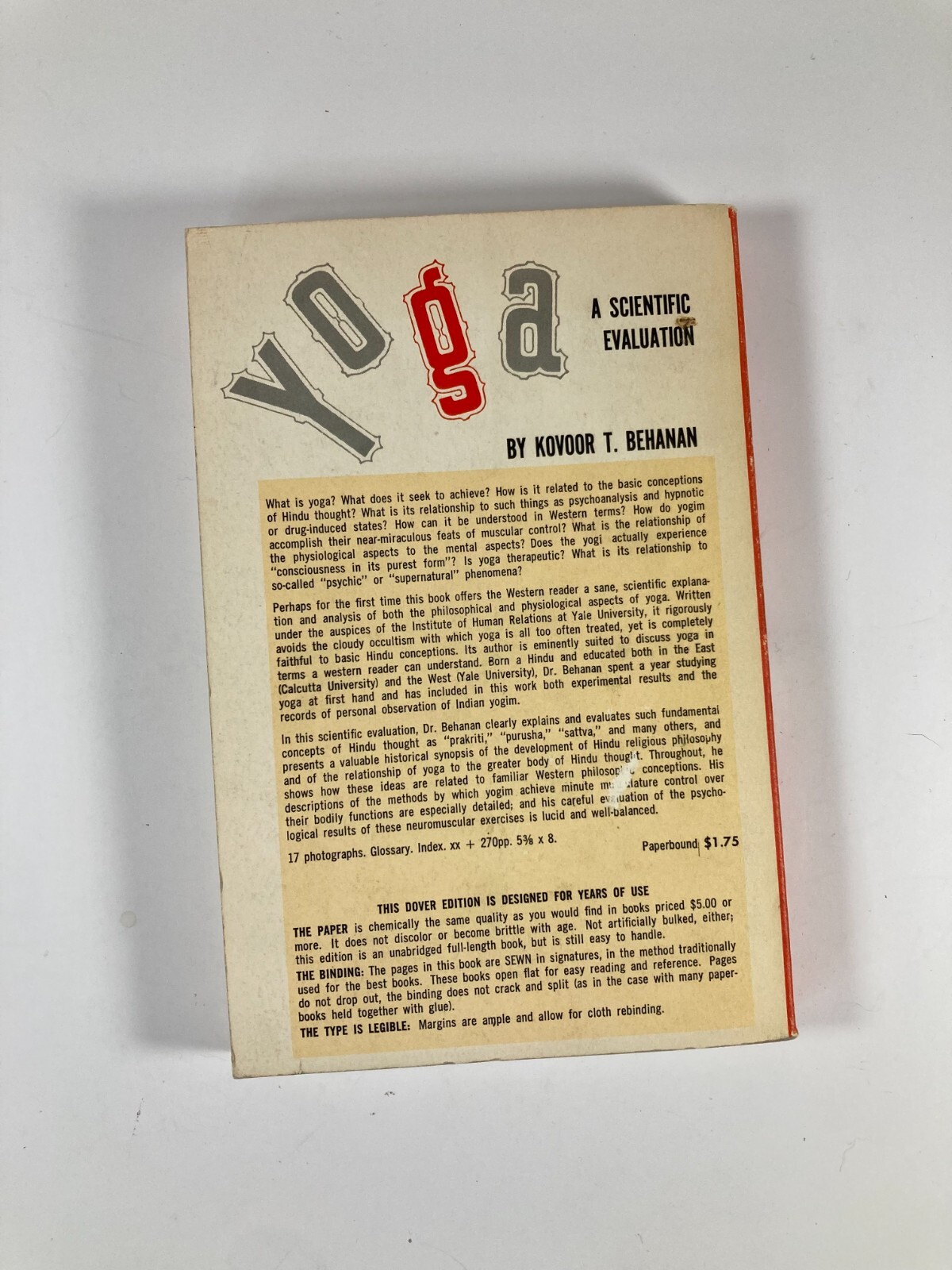 Yoga A Scientific Evaluation by Kovoor T. Behanan 1937 Dover Edition