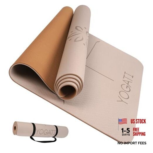 Yoga Mat with Strap with Alignment Lines. Home Workout Mat for Women, Brown