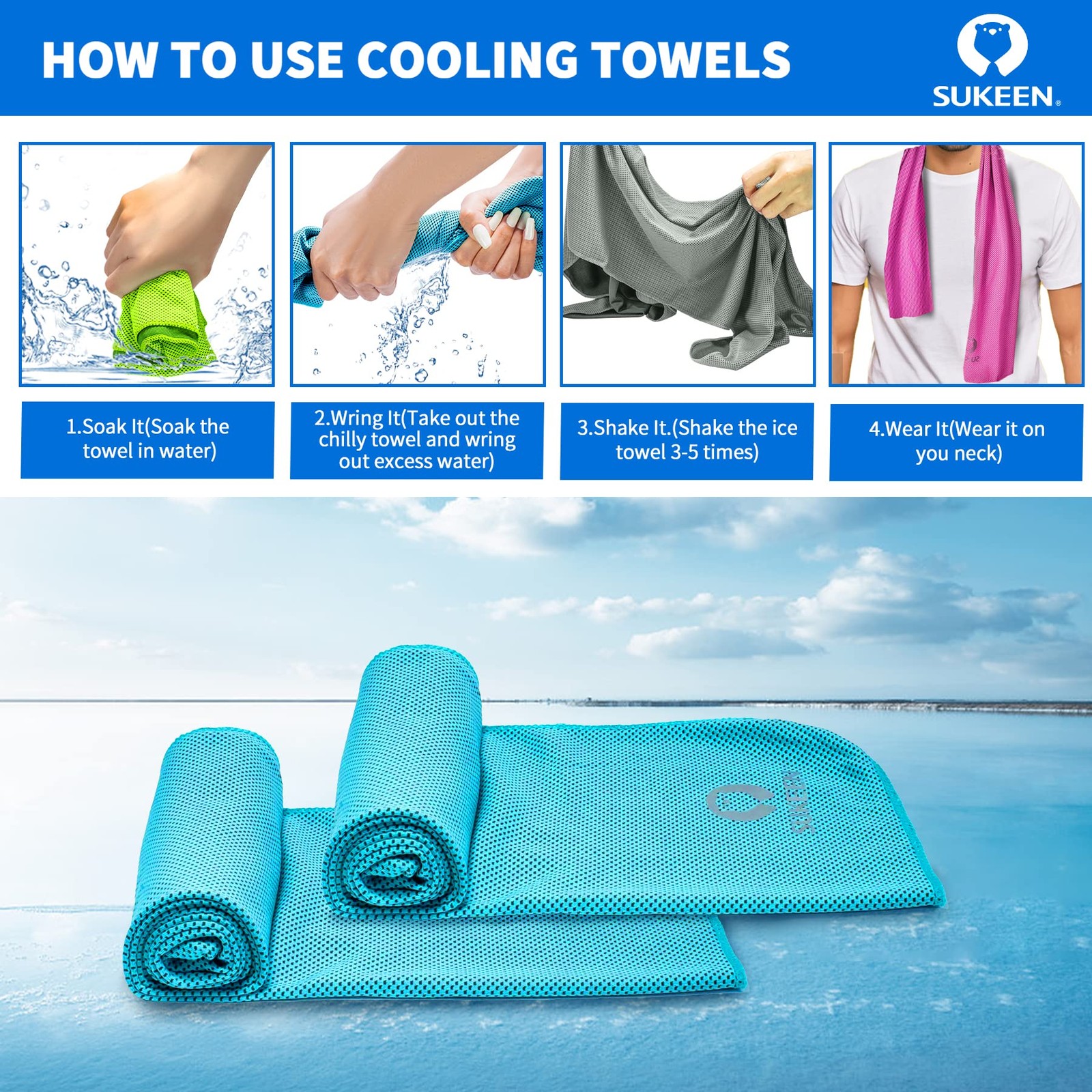 Sukeen 4pack Cooling Towel (40&Prime;x12&Prime;), 40&Prime; x 12&Prime;, Grey/Green/Pink/Lake Blue
