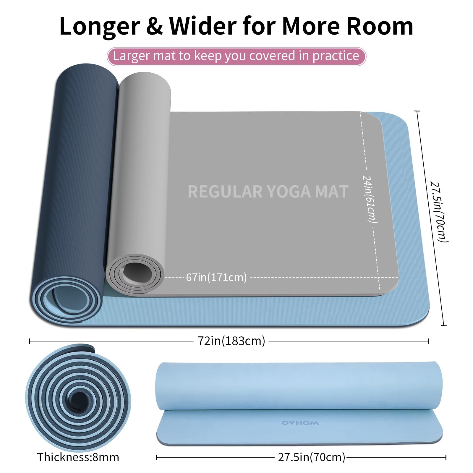WOHAO Extra Thick 8mm Yoga Mat, 72&Prime;x28&Prime; Non 183*70*0.8cm, Blue-gray+Navy blue