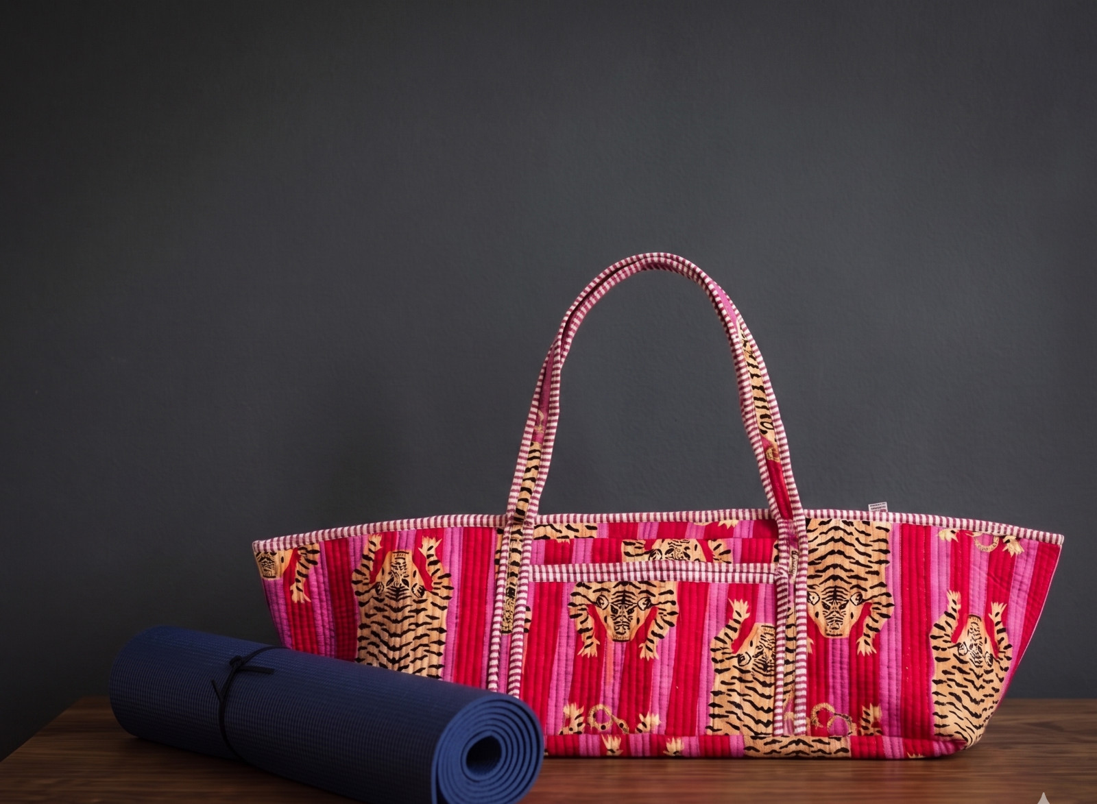 Pink Quilted Tiger Print Yoga Mat Bag: Indian Handmade 100% Cotton Tote Bag US