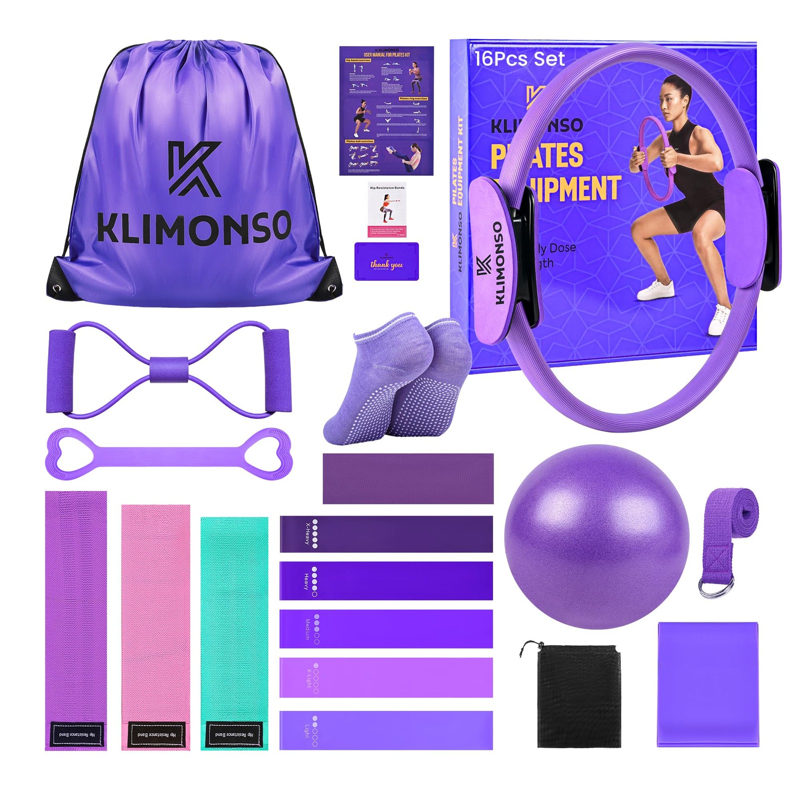 Pilates Ring Set for Home Workout -14 inch Fitness with Ball, Purple