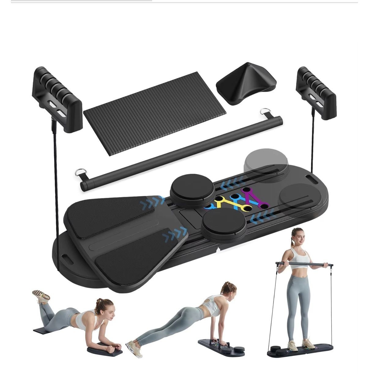Pilates Reformer Board 6-in-1 Foldable Home Gym Core Workout w/ Bands & Timer