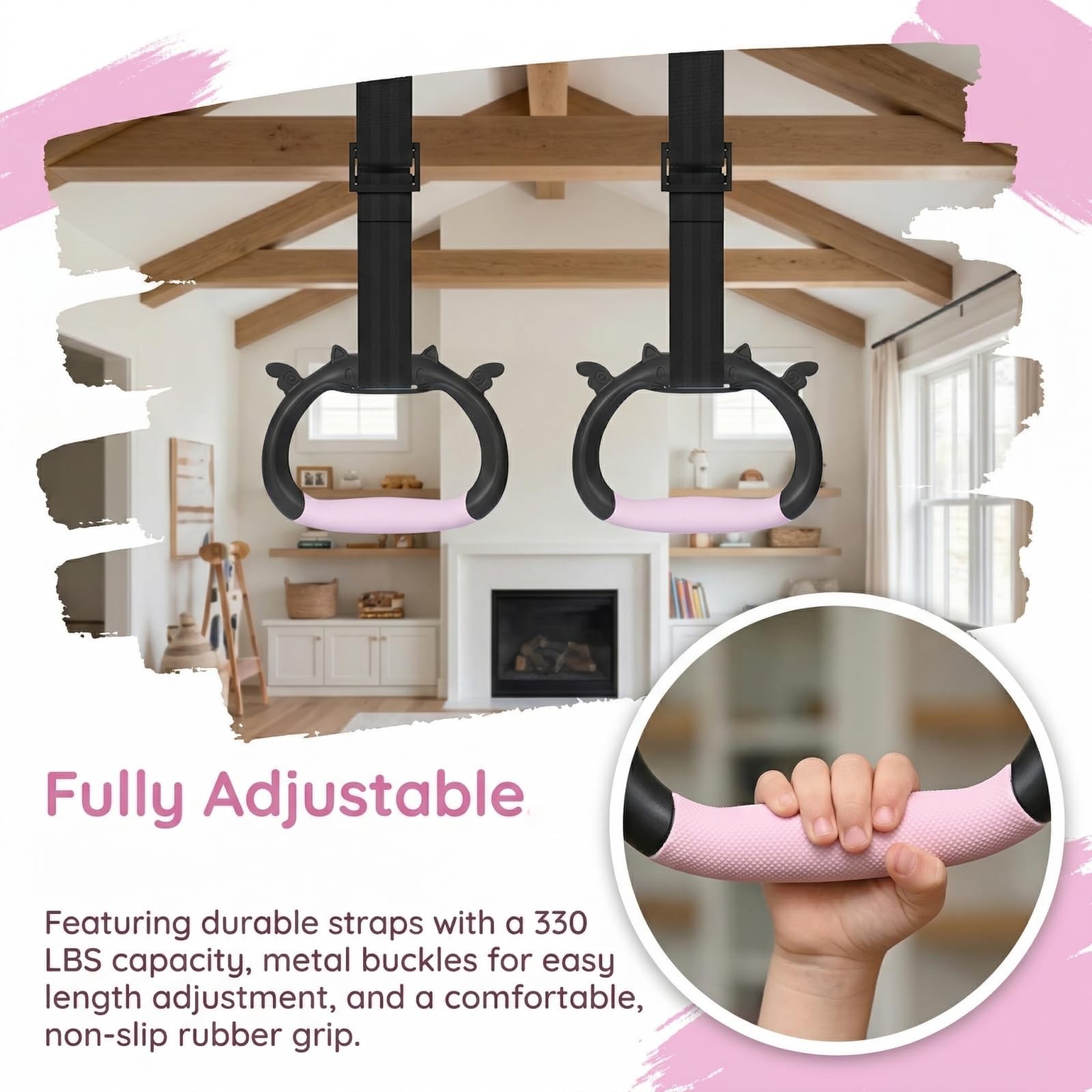 GDLPZM Gymnastics Rings, Home Gym Equipment, Adjustable Strap Strength pink