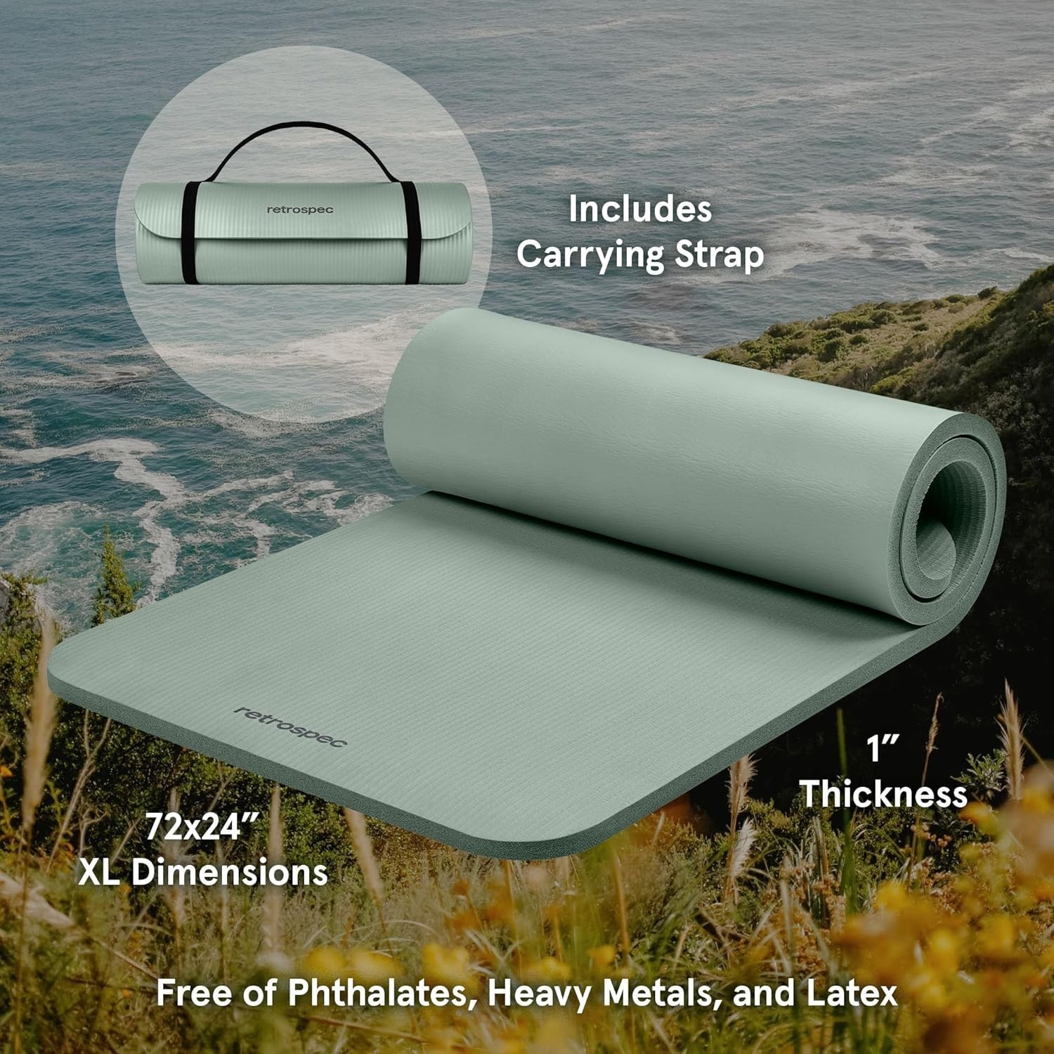 Solana Yoga Mat 1&Prime; Thick w/Nylon Strap Men & Women Non Slip Exercise Mat Home