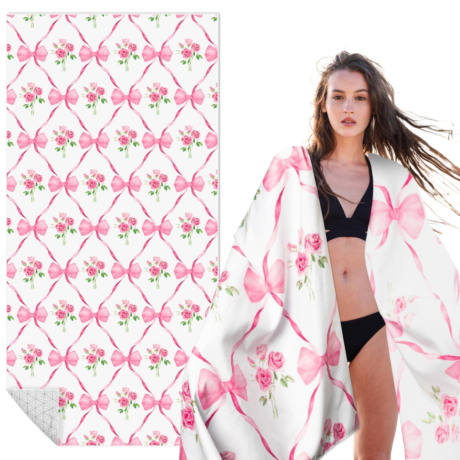 Pink Bow Oversized Beach Towel – Flower Double-sided Thin Microfiber Lightwei…
