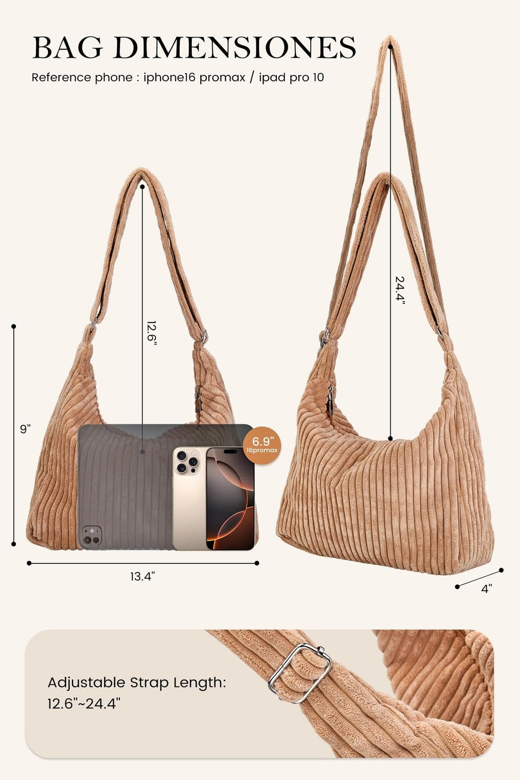 Ulisty Women Corduroy Hobo Bag Adjustable Strap Shoulder Bag Crossbody Bag Ca…